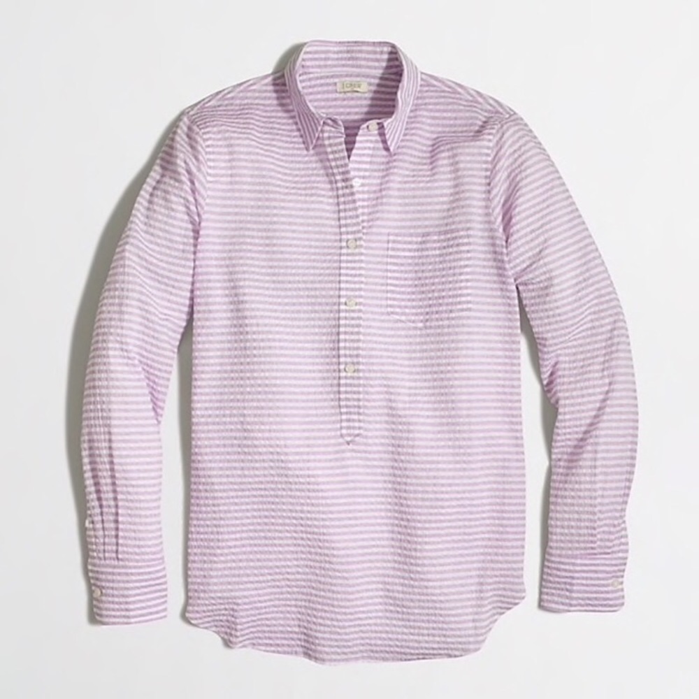 J Crew Crinkle Pop Over in lavender and white